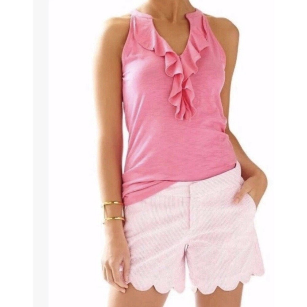 Lilly Pulitzer Women Small Shay Ruffle Tank Top Pink Pima Cotton Sleeveless S